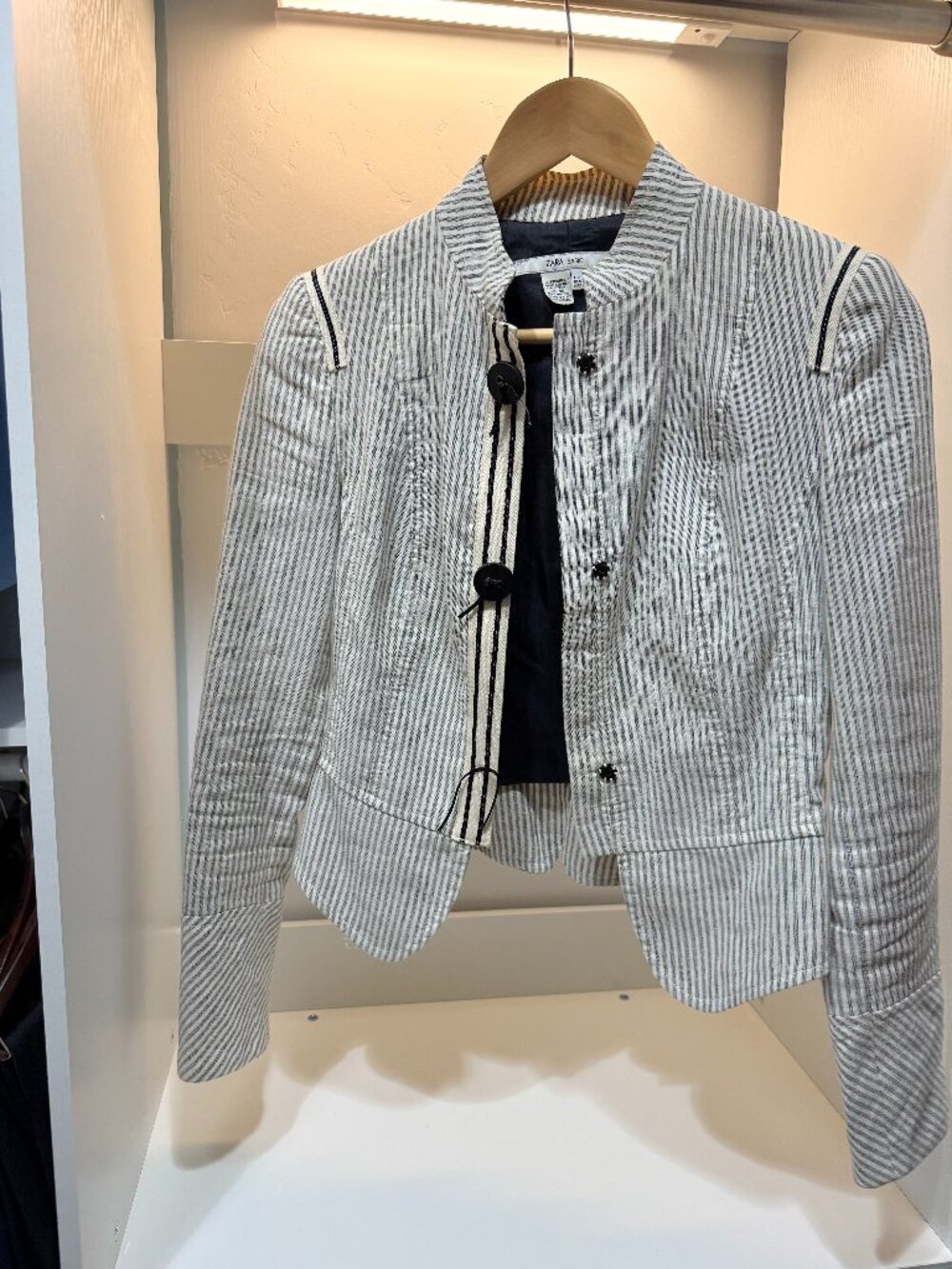 Zara Basic Striped Linen-Blend Military Jacket - Nautical Blue & White
